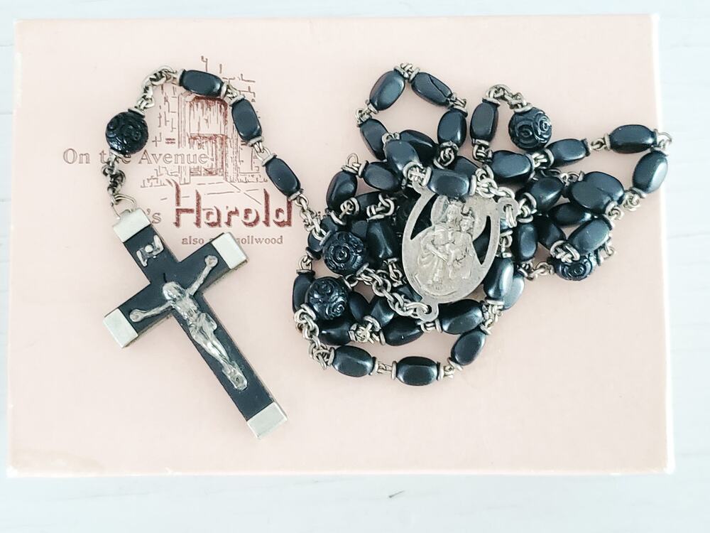 Vintage Ebony France Rosary Bead Lavalier Necklace